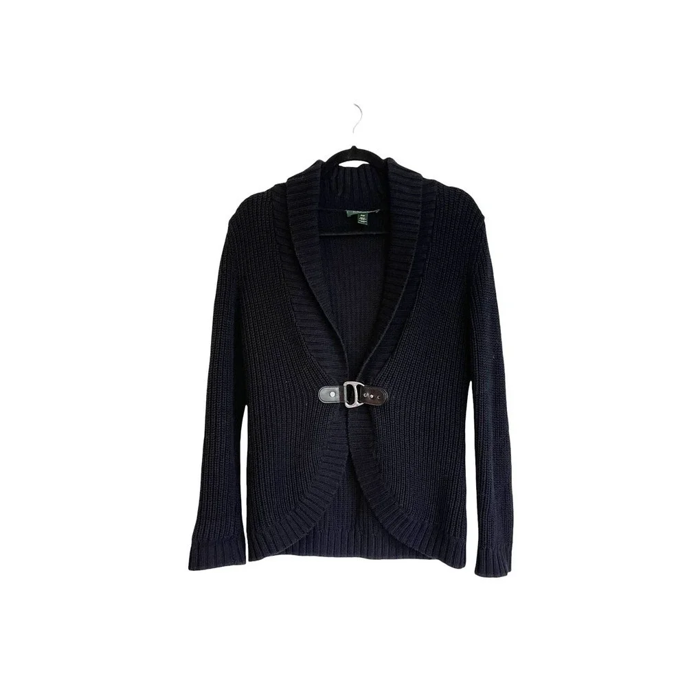 Lauren Ralph Lauren Women's Black Leather Buckle Wrap Cardigan Size PM